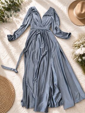 Steel Blue Wrap Maxi Dress with Long Sleeves